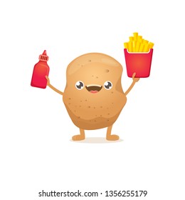 vector funny cartoon potato holding french fries box and ketchup bottle isolated on white background. vegetable funky character