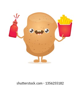 vector funny cartoon potato holding french fries box and ketchup bottle isolated on white background. vegetable funky character