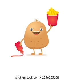vector funny cartoon potato holding french fries box and ketchup bottle isolated on white background. vegetable funky character