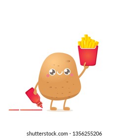 vector funny cartoon potato holding french fries box and ketchup bottle isolated on white background. vegetable funky character