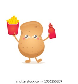 vector funny cartoon potato holding french fries box and ketchup bottle isolated on white background. vegetable funky character