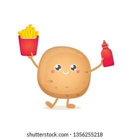 vector funny cartoon potato holding french fries box and ketchup bottle isolated on white background. vegetable funky character