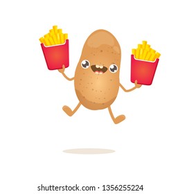 vector funny cartoon potato holding french fries box isolated on white background. vegetable funky character