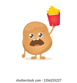 vector funny cartoon potato holding french fries box isolated on white background. vegetable funky character