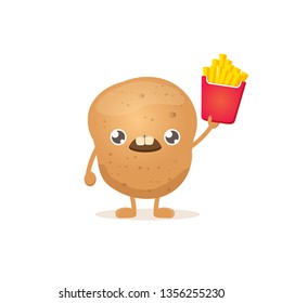 vector funny cartoon potato holding french fries box isolated on white background. vegetable funky character