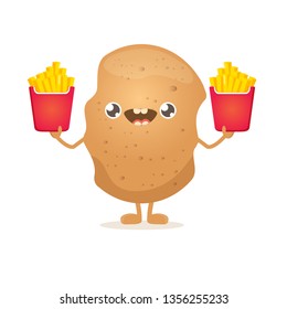 vector funny cartoon potato holding french fries box isolated on white background. vegetable funky character