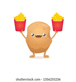 vector funny cartoon potato holding french fries box isolated on white background. vegetable funky character