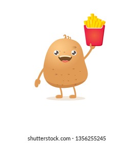 vector funny cartoon potato holding french fries box isolated on white background. vegetable funky character