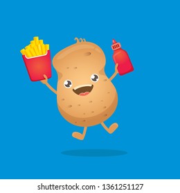 vector funny cartoon potato holding french fries box and ketchup bottle isolated on white background. vegetable funky character 