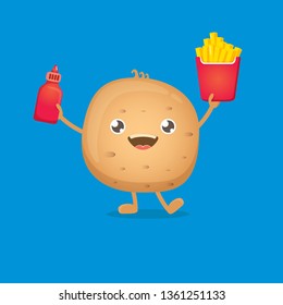 vector funny cartoon potato holding french fries box and ketchup bottle isolated on white background. vegetable funky character 
