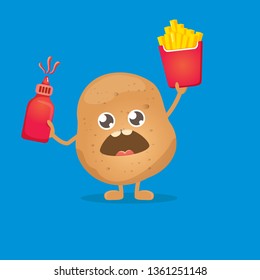 vector funny cartoon potato holding french fries box and ketchup bottle isolated on white background. vegetable funky character 