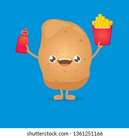 vector funny cartoon potato holding french fries box and ketchup bottle isolated on white background. vegetable funky character 