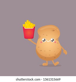 vector funny cartoon potato holding french fries box isolated on grey background. vegetable funky character 