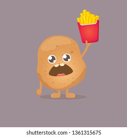 vector funny cartoon potato holding french fries box isolated on grey background. vegetable funky character 