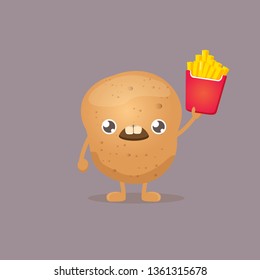 vector funny cartoon potato holding french fries box isolated on grey background. vegetable funky character 