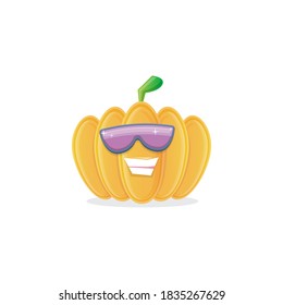 vector funny cartoon pumpkin character with sunglasses isolated on white background. funky smiling autumn vegetable character. Halloween cartoon smiling pumpkin 
