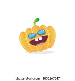 vector funny cartoon pumpkin character with sunglasses isolated on white background. funky smiling autumn vegetable character. Halloween cartoon smiling pumpkin 