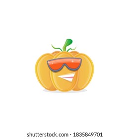personaje vectorial divertido de calabaza de dibujos animados con gafas de sol aisladas en fondo blanco. funky sonriente personaje vegetal otoñal. Caricatura de Halloween calabaza sonriente 