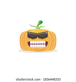 Vektorkomischer Kürbis-Charakter mit Sonnenbrille einzeln auf weißem Hintergrund. Funky lächelnde Herbstgemüse Charakter. Halloween-Cartoon, der Kürbis lächelt 
