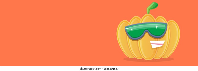 vector funny cartoon pumpkin character with sunglasses isolated on horizontal orange banner background with place for text. funky smiling autumn vegetable character. Halloween cartoon smiling pumpkin 
