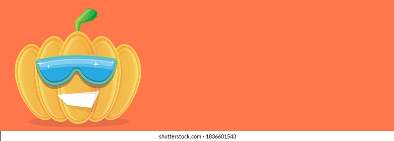 vector funny cartoon pumpkin character with sunglasses isolated on horizontal orange banner background with place for text. funky smiling autumn vegetable character. Halloween cartoon smiling pumpkin 