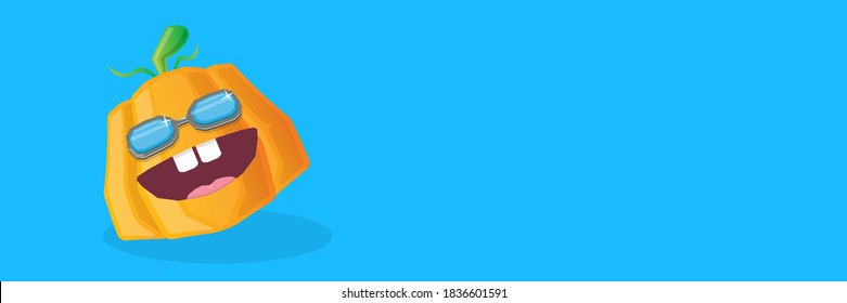 personaje vectorial divertido de calabaza de dibujos animados con gafas de sol aisladas en el fondo horizontal de la bandera azul con lugar para el texto. funky sonriente personaje vegetal otoñal. Caricatura de Halloween calabaza sonriente 