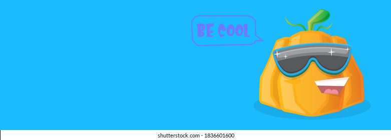 personaje vectorial divertido de calabaza de dibujos animados con gafas de sol aisladas en el fondo horizontal de la bandera azul con lugar para el texto. funky sonriente personaje vegetal otoñal. Caricatura de Halloween calabaza sonriente 