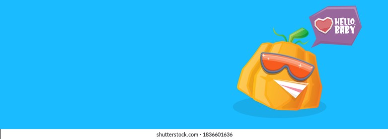 vector funny cartoon pumpkin character with sunglasses isolated on horizontal blue banner background with place for text. funky smiling autumn vegetable character. Halloween cartoon smiling pumpkin 