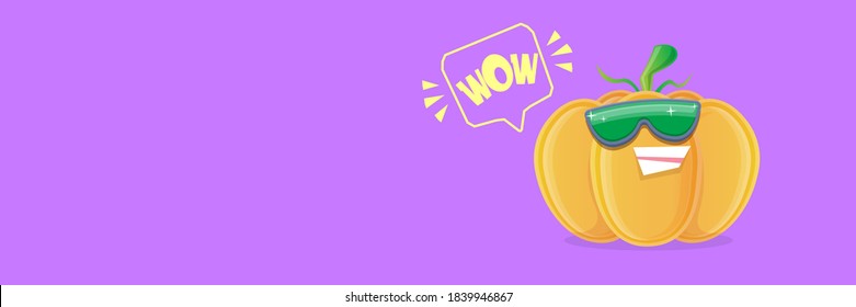 personaje vectorial divertido de calabaza de dibujos animados con gafas de sol aisladas en el fondo horizontal de la bandera violeta con lugar para el texto. funky sonriente personaje vegetal otoñal. Caricatura de Halloween calabaza sonriente 