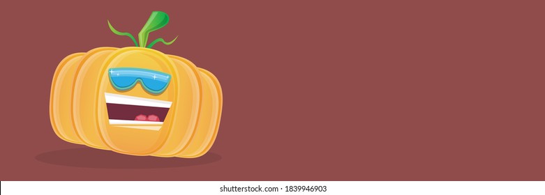 vector funny cartoon pumpkin character with sunglasses isolated on horizontal brown banner background with place for text. funky smiling autumn vegetable character. Halloween cartoon smiling pumpkin 