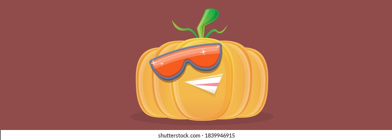 personaje vectorial divertido de calabaza de dibujos animados con gafas de sol aisladas en el fondo horizontal de la pancarta marrón con lugar para texto. funky sonriente personaje vegetal otoñal. Caricatura de Halloween calabaza sonriente 