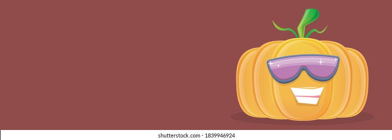 vector funny cartoon pumpkin character with sunglasses isolated on horizontal brown banner background with place for text. funky smiling autumn vegetable character. Halloween cartoon smiling pumpkin 