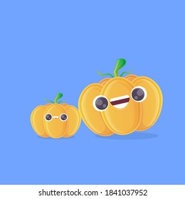 vector funny cartoon pumpkin character isolated on blue background. funky smiling cute autumn vegetable character. Halloween cartoon smiling pumpkin