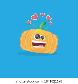 vector funny cartoon pumpkin character isolated on blue background. funky smiling cute autumn vegetable character. Halloween cartoon smiling pumpkin