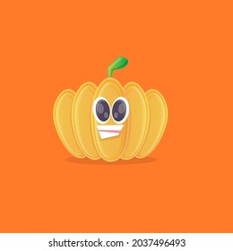 personaje vectorial divertido de calabaza de dibujos animados aislado en fondo azul. funky sonriente lindo personaje de verduras otoñales. Caricatura de Halloween calabaza sonriente