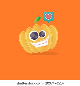 vector funny cartoon pumpkin character isolated on blue background. funky smiling cute autumn vegetable character. Halloween cartoon smiling pumpkin