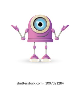 vector funny cartoon purple friendly robot character isolated on white background. Kids 3d robot toy logo design template. chat bot icon