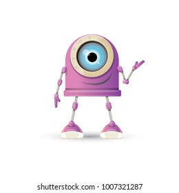 vector funny cartoon purple friendly robot character isolated on white background. Kids 3d robot toy logo design template. chat bot icon