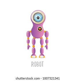vector funny cartoon purple friendly robot character isolated on white background. Kids 3d robot toy logo design template. chat bot icon