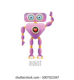 vector funny cartoon purple friendly robot character isolated on white background. Kids 3d robot toy logo design template. chat bot icon