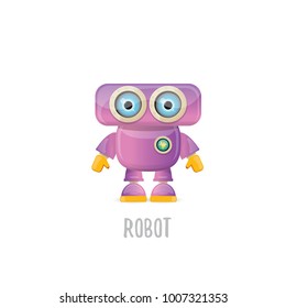 vector funny cartoon purple friendly robot character isolated on white background. Kids 3d robot toy logo design template. chat bot icon