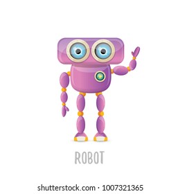 vector funny cartoon purple friendly robot character isolated on white background. Kids 3d robot toy logo design template. chat bot icon