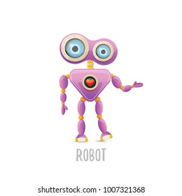 vector funny cartoon purple friendly robot character isolated on white background. Kids 3d robot toy logo design template. chat bot icon