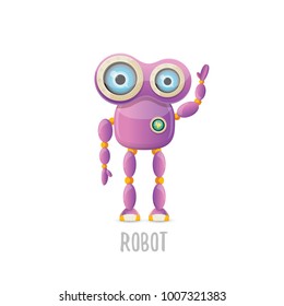 vector funny cartoon purple friendly robot character isolated on white background. Kids 3d robot toy logo design template. chat bot icon