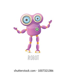 vector funny cartoon purple friendly robot character isolated on white background. Kids 3d robot toy logo design template. chat bot icon