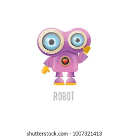 vector funny cartoon purple friendly robot character isolated on white background. Kids 3d robot toy logo design template. chat bot icon