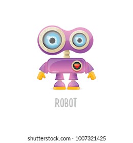 vector funny cartoon purple friendly robot character isolated on white background. Kids 3d robot toy logo design template. chat bot icon