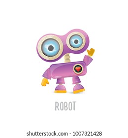 vector funny cartoon purple friendly robot character isolated on white background. Kids 3d robot toy logo design template. chat bot icon