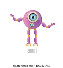 vector funny cartoon purple friendly robot character isolated on white background. Kids 3d robot toy logo design template. chat bot icon