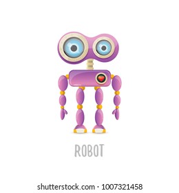 vector funny cartoon purple friendly robot character isolated on white background. Kids 3d robot toy logo design template. chat bot icon